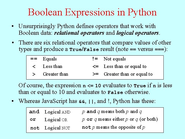 Boolean Expressions in Python • Unsurprisingly Python defines operators that work with Boolean data: