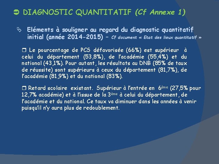  DIAGNOSTIC QUANTITATIF (Cf Annexe 1) Eléments à souligner au regard du diagnostic quantitatif