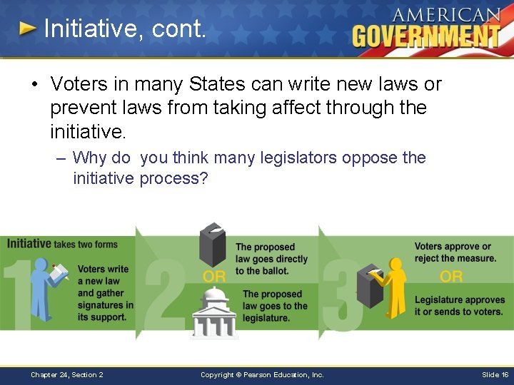 Initiative, cont. • Voters in many States can write new laws or prevent laws