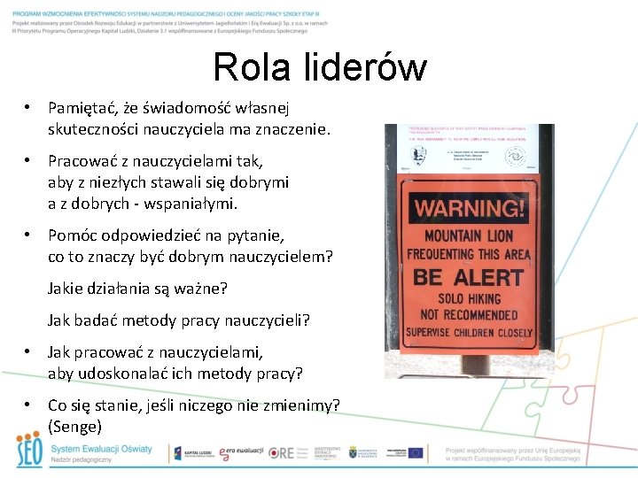 Rola liderów • Pamiętać, że świadomość własnej skuteczności nauczyciela ma znaczenie. • Pracować z