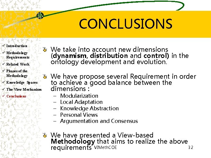 CONCLUSIONS ü Introduction ü Methodology Requirements ü Related Work ü Phases of the Methodology