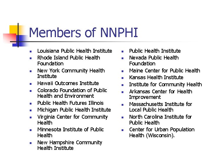 Members of NNPHI n n n n n Louisiana Public Health Institute Rhode Island