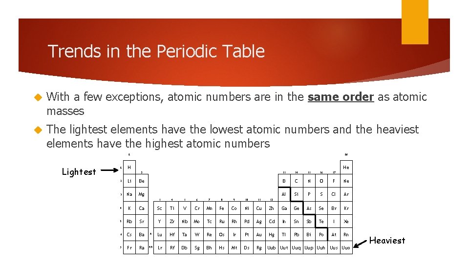 Trends in the Periodic Table With a few exceptions, atomic numbers are in the