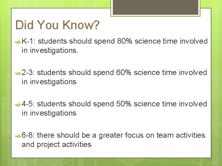 Did You Know? K-1: students should spend 80% science time involved in investigations. 2