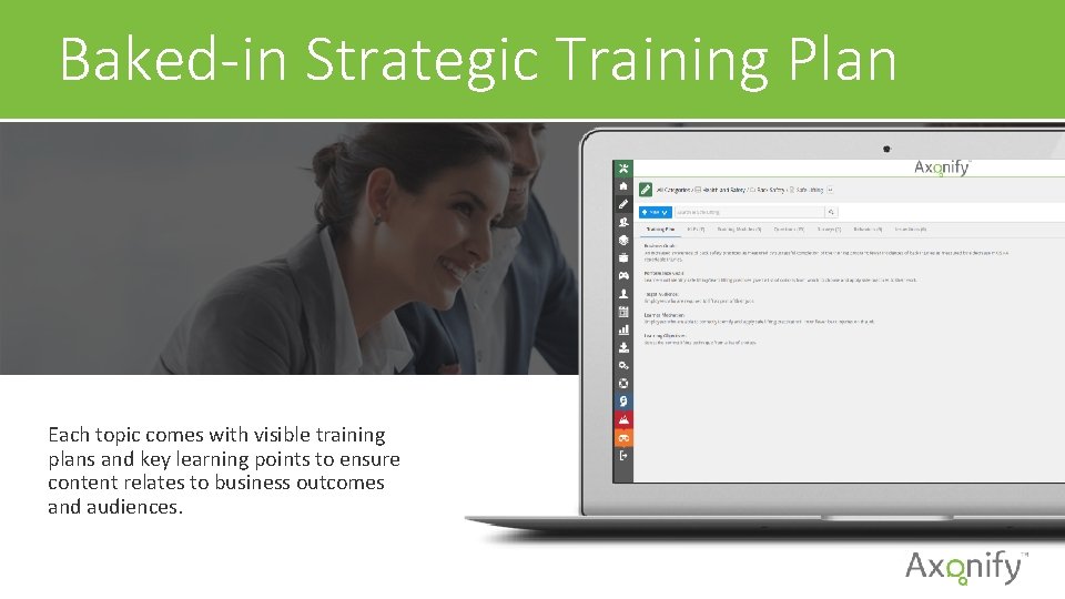 Content Connected Through To Business Goals Baked-in Strategic Training Plan Each topic comes with