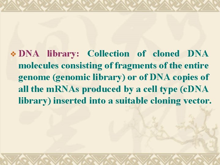 v DNA library: Collection of cloned DNA molecules consisting of fragments of the entire