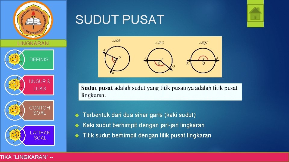 SUDUT PUSAT LINGKARAN DEFINISI UNSUR & LUAS CONTOH SOAL LATIHAN SOAL TIKA “LINGKARAN” --