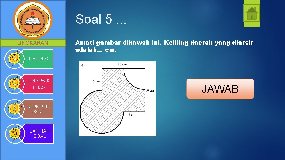 Soal 5. . . LINGKARAN Amati gambar dibawah ini. Keliling daerah yang diarsir adalah.