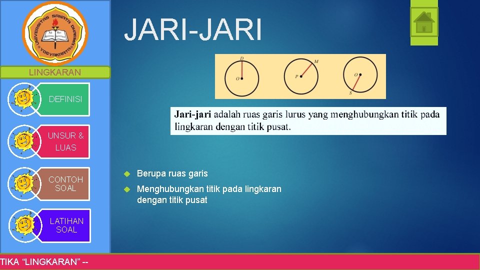 JARI-JARI LINGKARAN DEFINISI UNSUR & LUAS CONTOH SOAL LATIHAN SOAL TIKA “LINGKARAN” -- Berupa