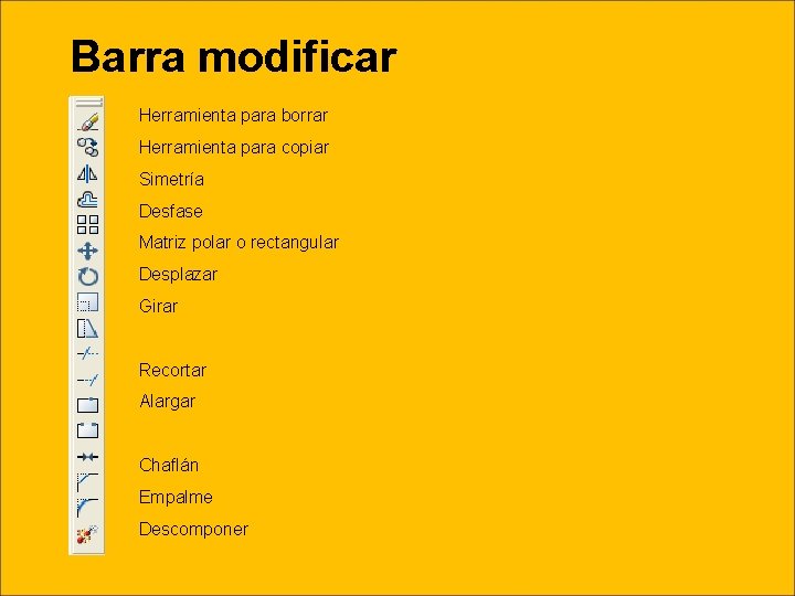 Barra modificar Herramienta para borrar Herramienta para copiar Simetría Desfase Matriz polar o rectangular