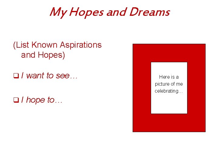 My Hopes and Dreams (List Known Aspirations and Hopes) q I want to see…