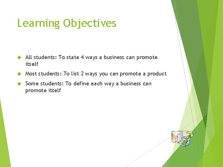 Learning Objectives All students: To state 4 ways a business can promote itself Most