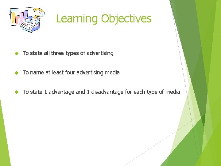 Learning Objectives To state all three types of advertising To name at least four