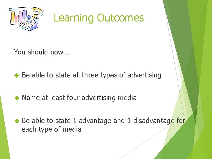 Learning Outcomes You should now… Be able to state all three types of advertising