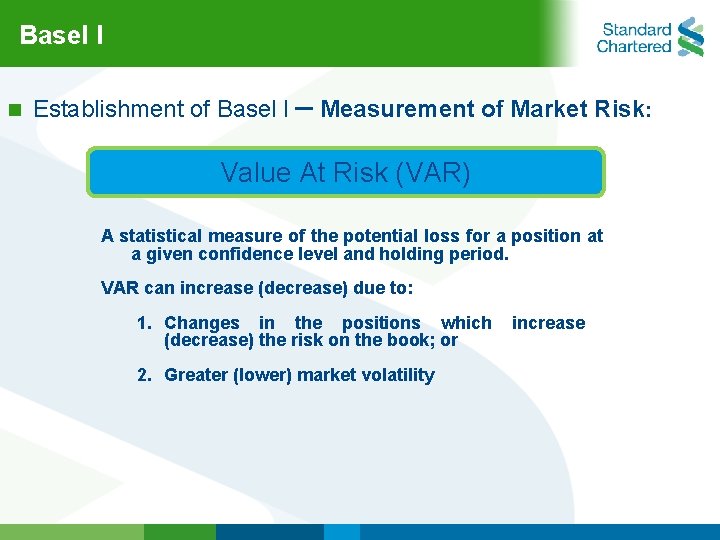 Basel l n Establishment of Basel l – Measurement of Market Risk: Value At