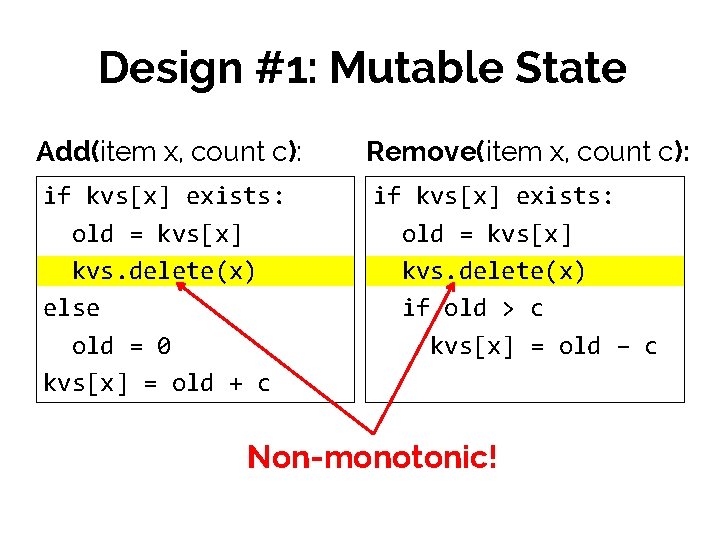 Design #1: Mutable State Add(item x, count c): Remove(item x, count c): if kvs[x]