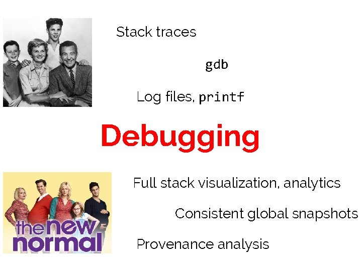 Stack traces gdb Log files, printf Debugging Full stack visualization, analytics Consistent global snapshots