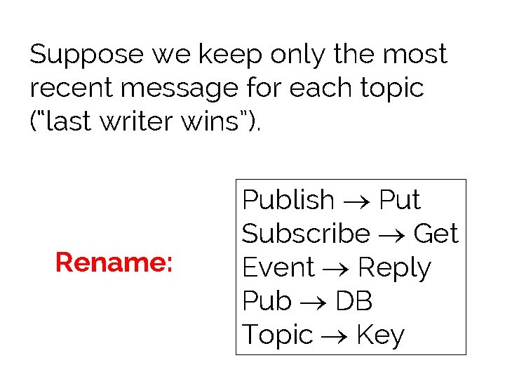 Suppose we keep only the most recent message for each topic (“last writer wins”).