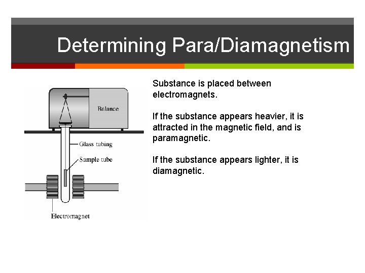 Determining Para/Diamagnetism Substance is placed between electromagnets. If the substance appears heavier, it is