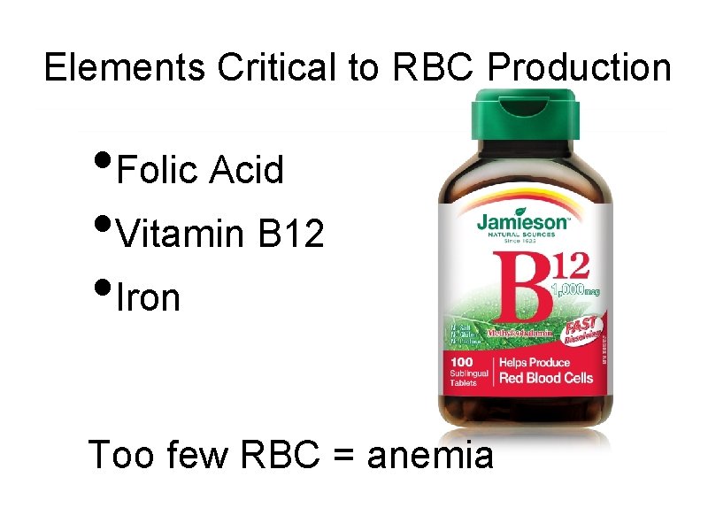 Elements Critical to RBC Production • Folic Acid • Vitamin B 12 • Iron