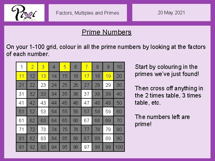 Factors, Multiples and Primes 20 May 2021 Prime Numbers On your 1 -100 grid,