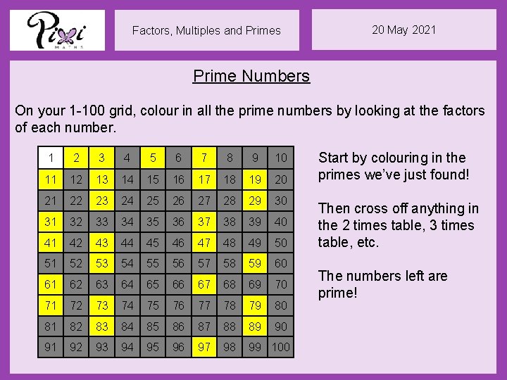 Factors, Multiples and Primes 20 May 2021 Prime Numbers On your 1 -100 grid,
