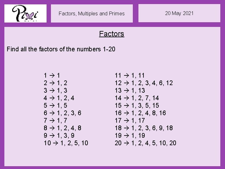 Factors, Multiples and Primes 20 May 2021 Factors Find all the factors of the
