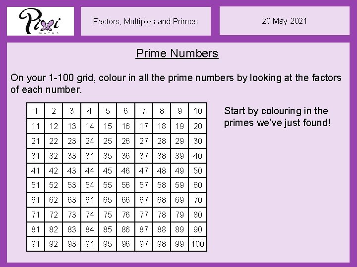 Factors, Multiples and Primes 20 May 2021 Prime Numbers On your 1 -100 grid,