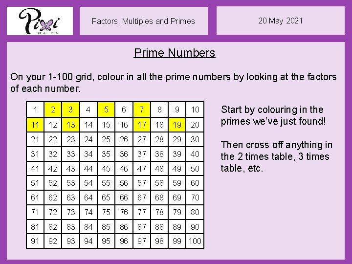 Factors, Multiples and Primes 20 May 2021 Prime Numbers On your 1 -100 grid,