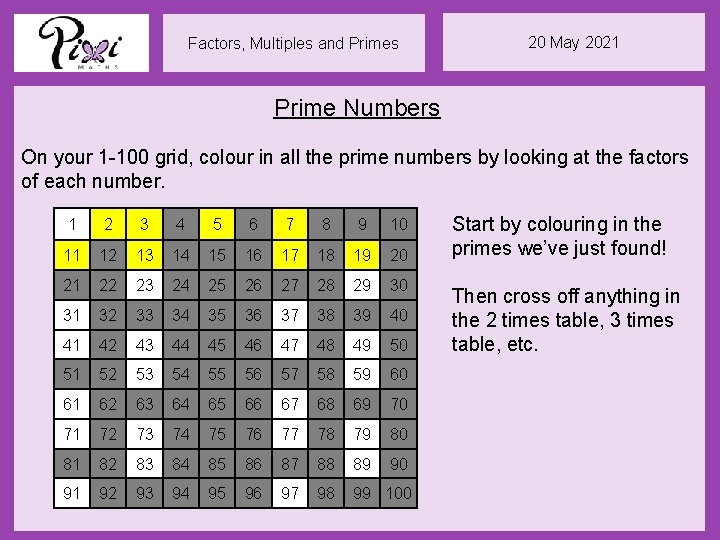 Factors, Multiples and Primes 20 May 2021 Prime Numbers On your 1 -100 grid,
