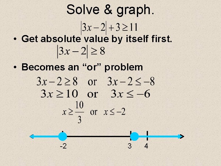 Solve & graph. • Get absolute value by itself first. • Becomes an “or”