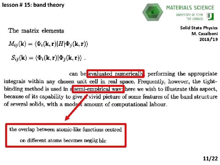 lesson # 15: band theory Solid State Physics M. Casalboni 2018/’ 19 11/22 