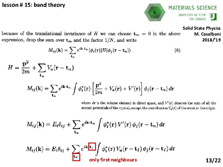 lesson # 15: band theory Solid State Physics M. Casalboni 2018/’ 19 only first