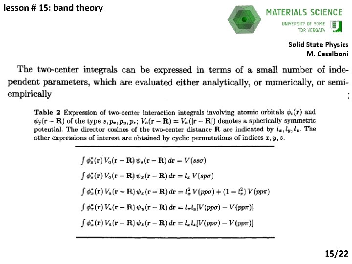 lesson # 15: band theory Solid State Physics M. Casalboni 2018/’ 19 15/22 