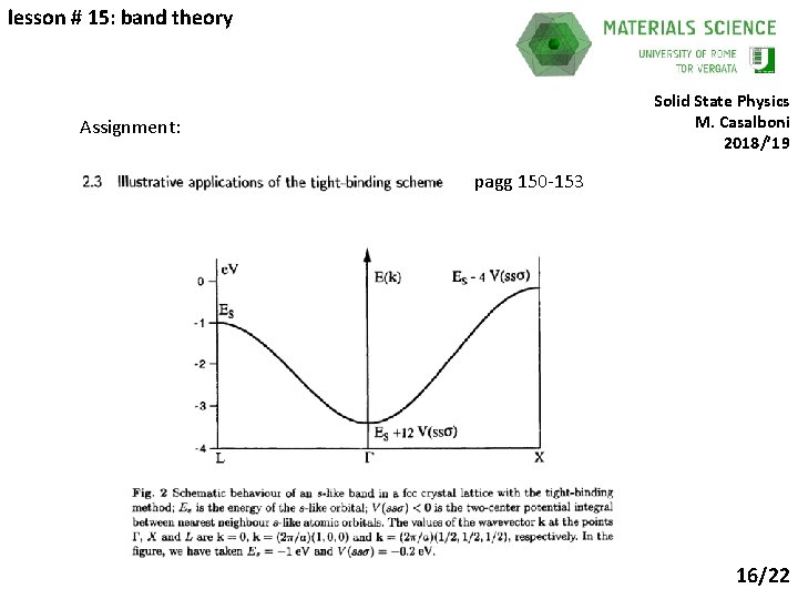 lesson # 15: band theory Solid State Physics M. Casalboni 2018/’ 19 Assignment: pagg