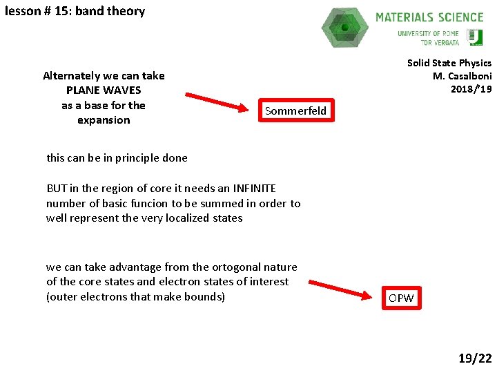 lesson # 15: band theory Alternately we can take PLANE WAVES as a base
