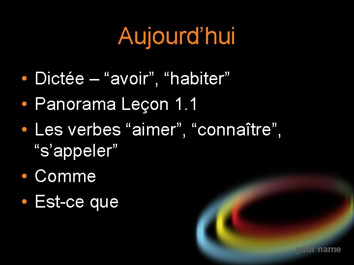 Aujourd’hui • Dictée – “avoir”, “habiter” • Panorama Leçon 1. 1 • Les verbes