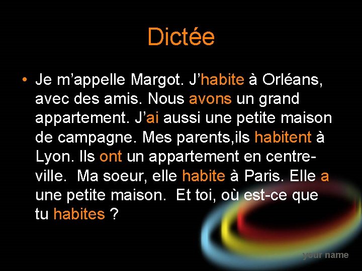 Dictée • Je m’appelle Margot. J’habite à Orléans, avec des amis. Nous avons un