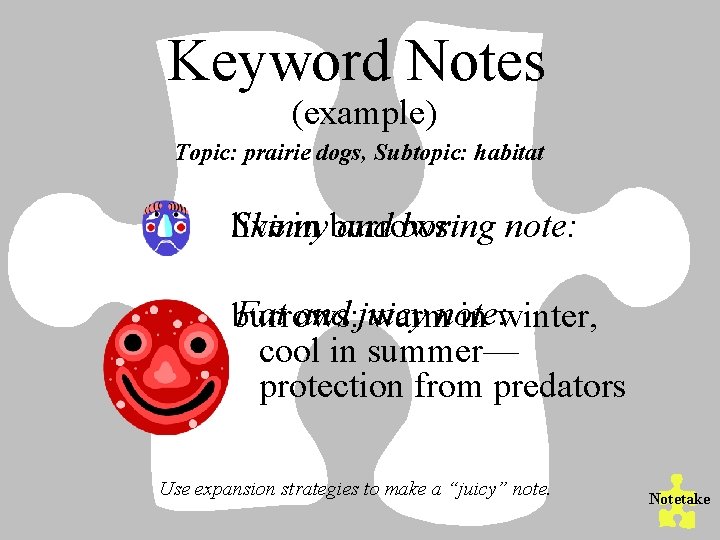 Keyword Notes (example) Topic: prairie dogs, Subtopic: habitat live Skinny in burrows and boring