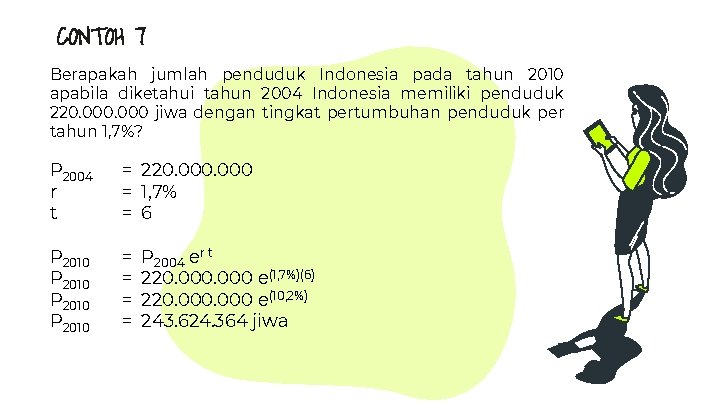 CONTOH 7 Berapakah jumlah penduduk Indonesia pada tahun 2010 apabila diketahui tahun 2004 Indonesia