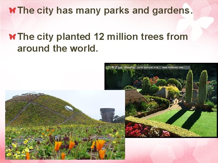 The city has many parks and gardens. The city planted 12 million trees from