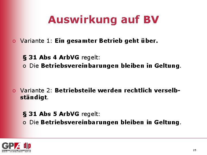 Auswirkung auf BV o Variante 1: Ein gesamter Betrieb geht über. § 31 Abs