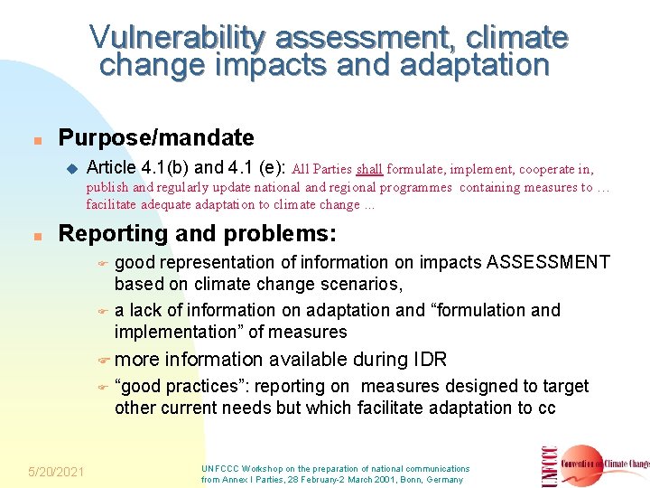 Reporting on vulnerability assessment climate change impacts and