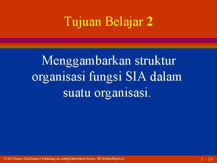 Tujuan Belajar 2 Menggambarkan struktur organisasi fungsi SIA dalam suatu organisasi. 2001 Prentice Hall