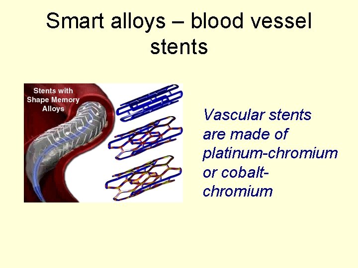 Smart alloys – blood vessel stents Vascular stents are made of platinum-chromium or cobaltchromium