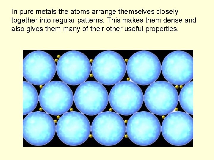 In pure metals the atoms arrange themselves closely together into regular patterns. This makes