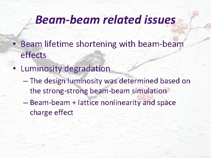 Beam-beam related issues • Beam lifetime shortening with beam-beam effects • Luminosity degradation –