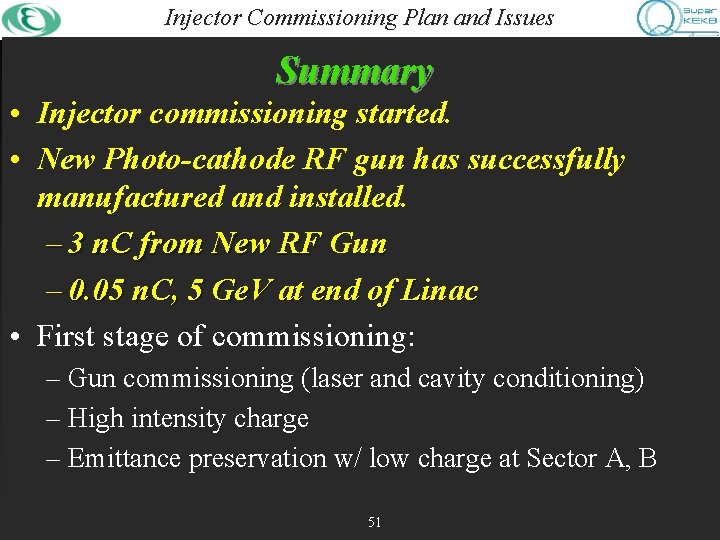 Injector Commissioning Plan and Issues Summary • Injector commissioning started. • New Photo-cathode RF