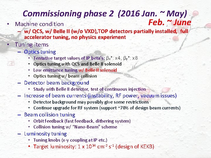  • Commissioning phase 2 (2016 Jan. ~ May) Feb. ~ June Machine condition