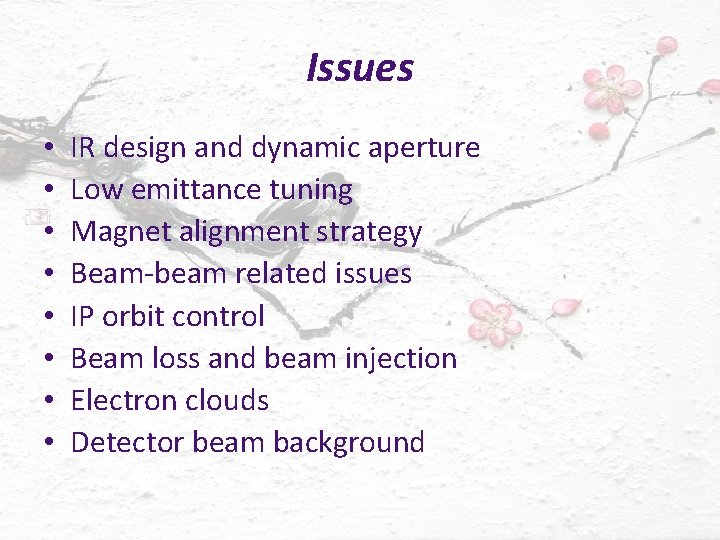 Issues • • IR design and dynamic aperture Low emittance tuning Magnet alignment strategy